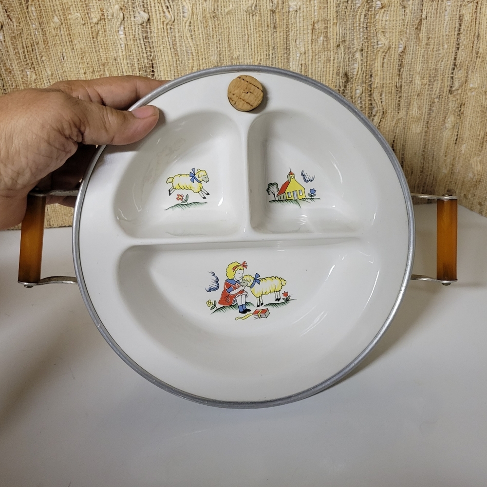 Vtg Metal and Pottery 30s Child's Warmer Sectioned Dish Mary had a Little Lamb